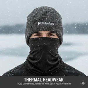 An angler wearing a thermal fleece-lined beanie and a windproof neck gaiter for facial protection.