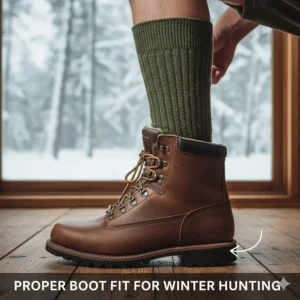 A visual demonstration of a foot with a thick winter hunting sock correctly placed inside a well-fitting insulated hunting boot.
