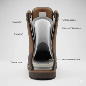 Illustration showing the interior thermal insulation layers of high-quality cold weather work boots.