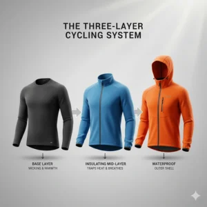 Diagram showing the base layer, insulating mid-layer, and waterproof outer shell for winter cycling.