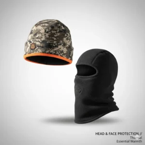 A thermal fleece-lined hunting hat and balaclava combination for maximum heat retention in cold weather hunting.