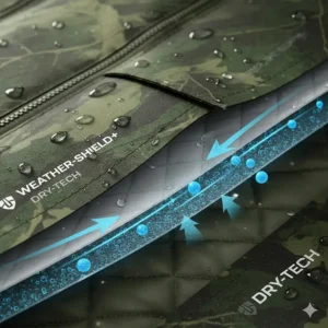 Diagram illustrating the waterproof and breathable membrane technology in the fabric of a premium cold weather hunting jacket.