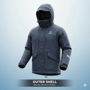 A windproof and waterproof outer shell parka with reinforced seams for harsh fishing environments.