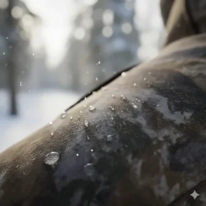 Close-up texture of the silent, waterproof, and windproof shell material used for these cold weather hunting pants.