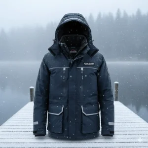 A durable waterproof and windproof fishing parka with a high collar and adjustable hood for extreme cold.