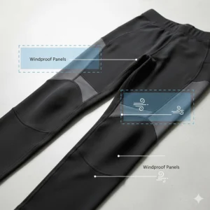 Diagram showing wind-resistant panels on the thighs of cold weather running tights.