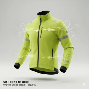 A high-visibility windproof and water-resistant cycling jacket designed for freezing temperatures.