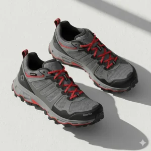 Waterproof Gore-Tex running shoes with deep lugs for traction on ice and snow.