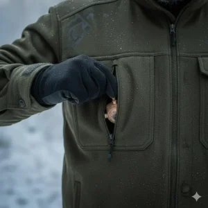 Image showcasing the secure, zippered chest pocket on the cold weather hunting shirt, designed for easy access to calls or accessories.