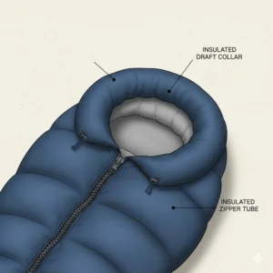 Close-up illustration of a draft collar and insulated zipper tubes in a zero degree sleeping bag.