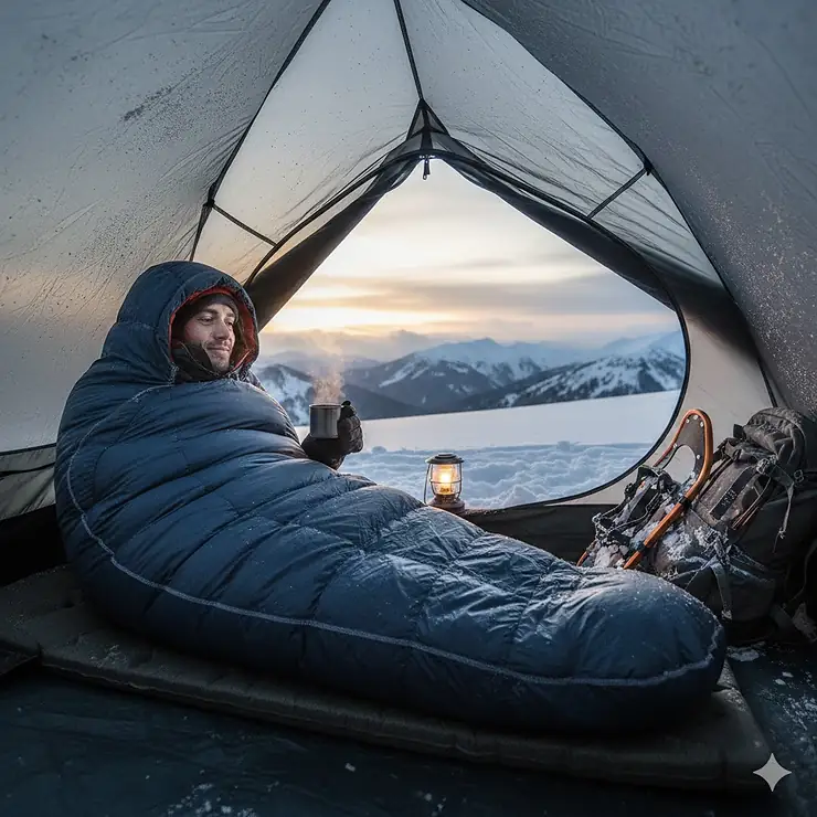 A camper using a 0 degree sleeping bag inside a tent during a winter backpacking trip in the snow. 0 degree sleeping bags