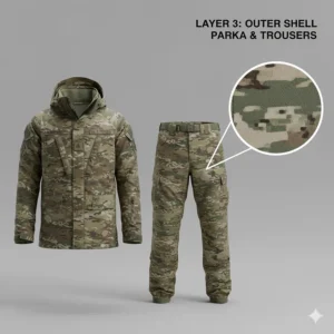 An OCP pattern waterproof Gore-Tex parka designed for extreme cold weather protection in the US Air Force.