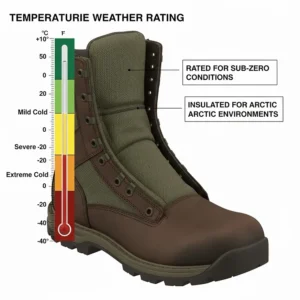 An infographic showing the sub-zero temperature ratings for various army cold weather boots.