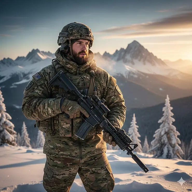 A man wearing a multicam army cold weather jacket from the ECWCS Gen III system in a snowy mountain environment.