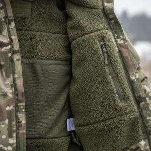 Interior view of a heavy-duty army cold weather jacket showing the high-loft thermal fleece liner.