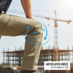 Graphic showing articulated knee construction for better airflow and movement in hot weather work pants.
