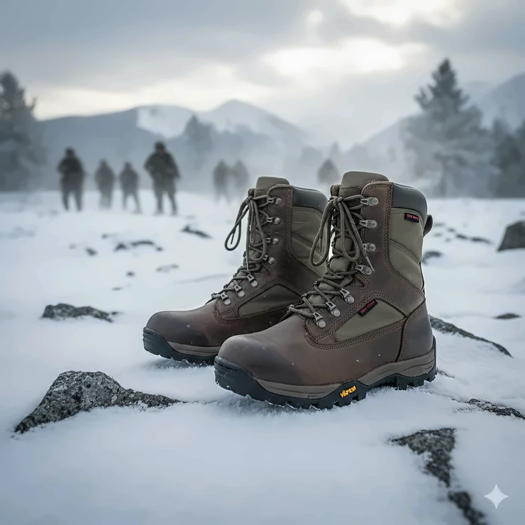 A pair of waterproof army cold weather boots displayed on a snow-covered tactical surface.