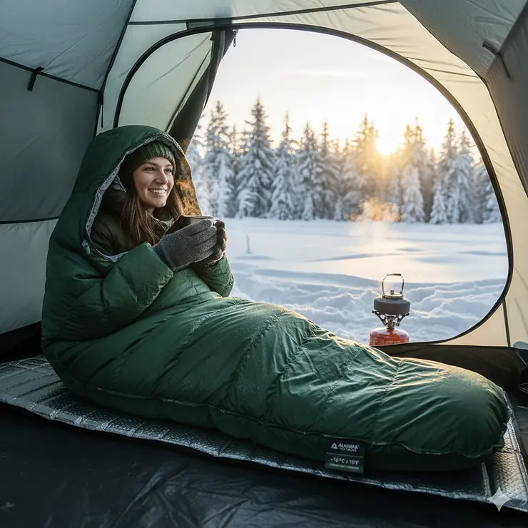 A person camping in a snowy forest inside a high-quality budget cold weather sleeping bag. budget cold weather sleeping bags