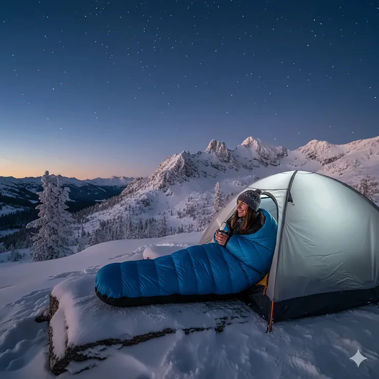 A person camping in a snowy mountain landscape tucked into a high-loft cold weather sleeping bag inside a tent. cold weather sleeping bags