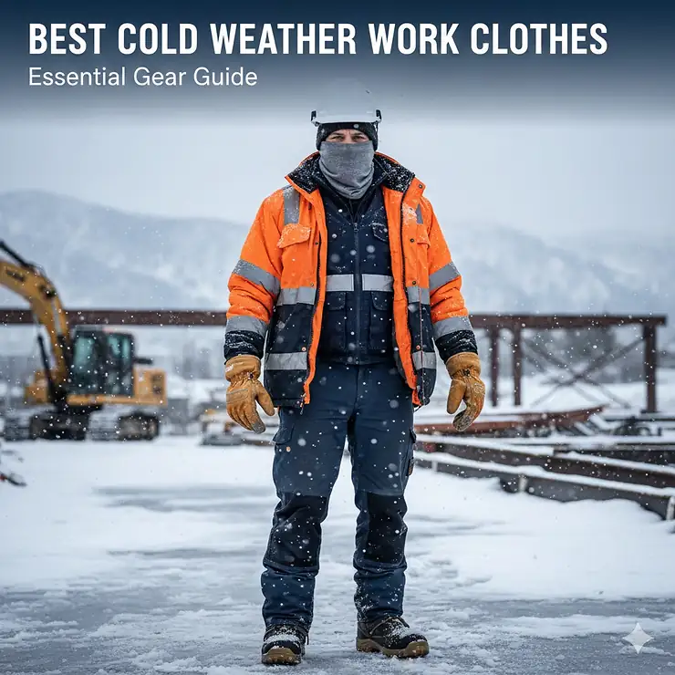 A professional construction worker wearing a complete set of cold weather work clothes including a high-visibility thermal jacket and insulated gloves.