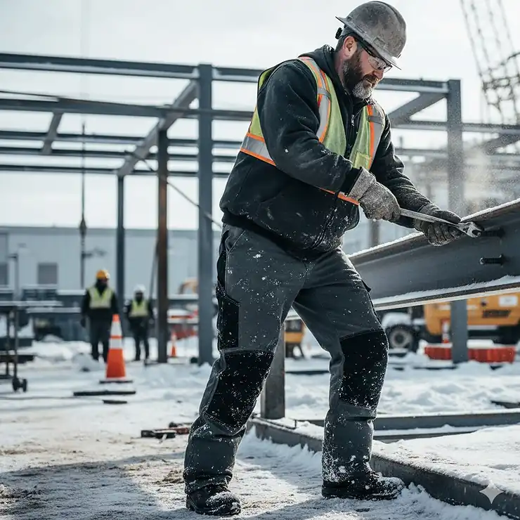 A construction worker wearing durable, insulated cold weather work pants while working on a snowy job site.