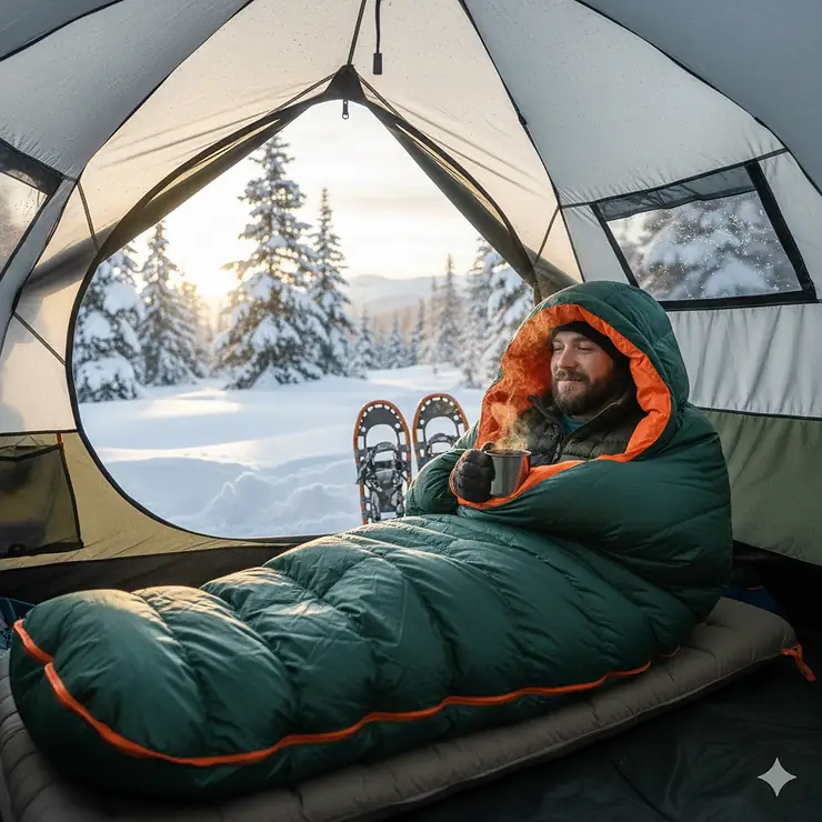 A camper staying warm in a mummy-style down sleeping bag during a winter camping trip in the snow. sleeping bags for winter camping