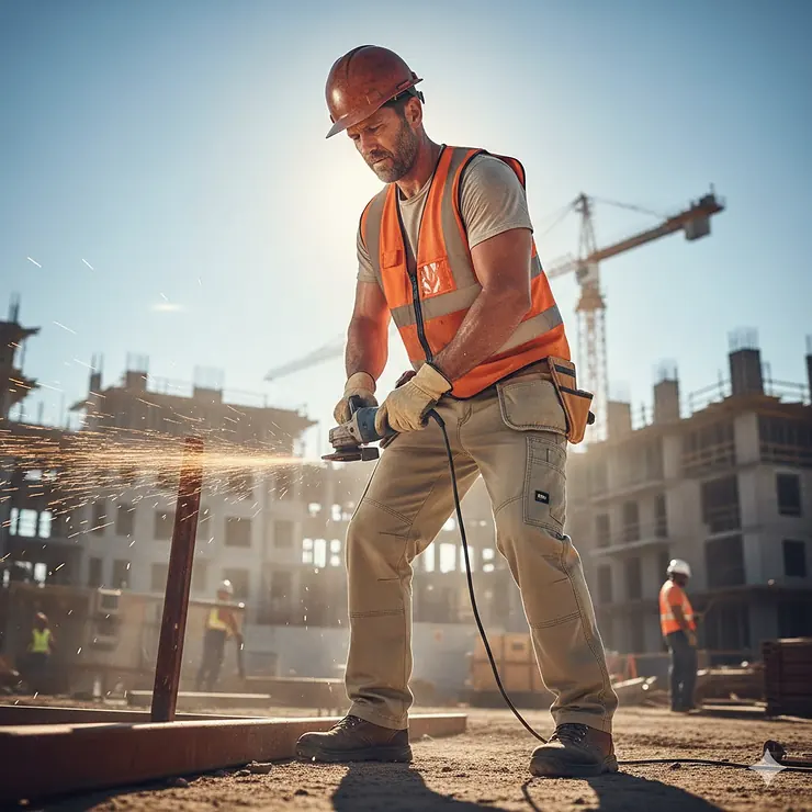 A construction worker wearing breathable khaki work pants while working on a sunny outdoor job site. work pants for hot weather