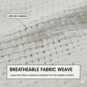 A close-up illustration of the loose weave in a linen shirt allowing airflow for hot weather comfort.