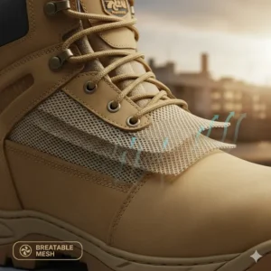 Illustration showing a cross-section of breathable mesh fabric used in work boots for hot weather to allow airflow.
