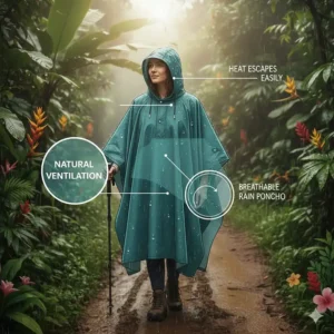 Illustration of a loose-fitting rain poncho providing natural ventilation in hot, rainy conditions.