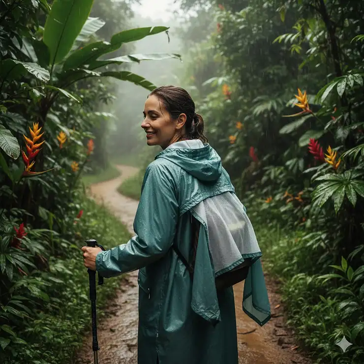 A person hiking in tropical rain wearing a lightweight, breathable raincoat designed for hot weather. raincoat for hot weather