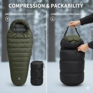 A budget-friendly cold weather sleeping bag compressed into a small stuff sack for backpacking.