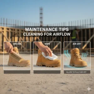 Step-by-step illustration of how to clean dust and debris from breathable work boot pores to maintain airflow.