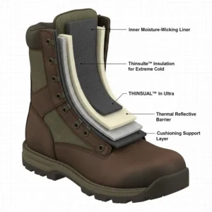 Diagram showing the Thinsulate lining layers inside army cold weather boots for extreme heat retention.