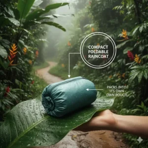 Illustration of a thin raincoat folded into a small travel pouch for humid climates.