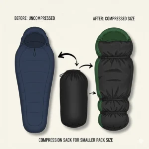 Illustration showing a 0 degree sleeping bag before and after being placed in a compression sack.