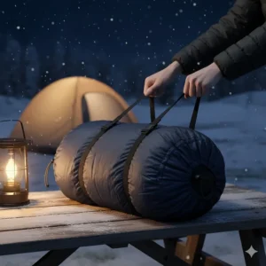 A cold weather sleeping bag being packed into a compression sack for easy backpacking transport.