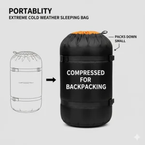 An extreme cold weather sleeping bag packed tightly into a heavy-duty compression sack for backpacking.