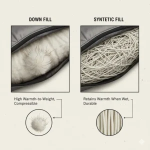 Illustration comparing down feathers and synthetic insulation layers in 0 degree sleeping bags.