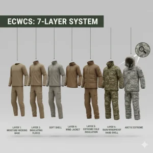 A diagram showing the 7-layer Extended Cold Weather Clothing System used by the US Air Force.