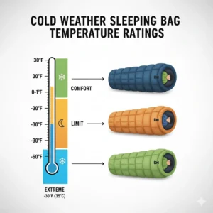 A technical chart showing comfort, limit, and extreme temperature ratings for cold weather sleeping bags.