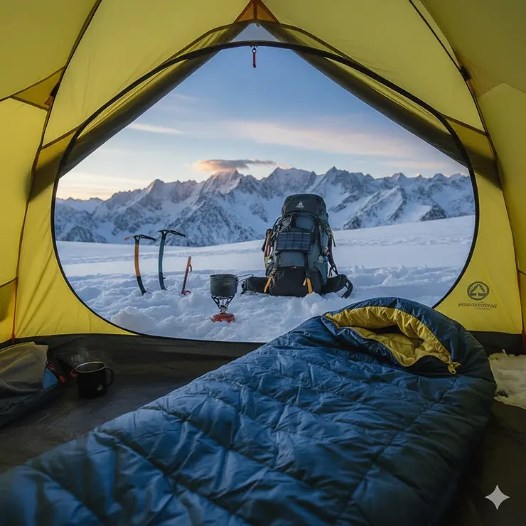 A high-performance extreme cold weather sleeping bag laid out inside a tent during a winter mountaineering expedition. extreme cold weather sleeping bags