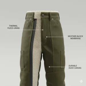A cross-section diagram of cold weather work pants showing the inner fleece lining and outer canvas layer.