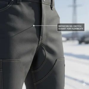 Illustration showing the reinforced crotch gusset of cold weather work pants for improved range of motion.