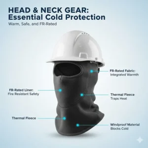 A fleece-lined balaclava and hard hat liner designed for safety-compliant cold weather work clothes.