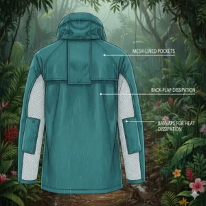 Illustration of mesh-lined pockets and back flaps to help dissipate body heat in rainy weather.