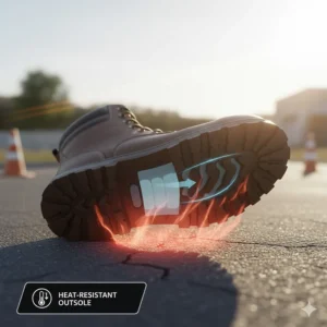 Illustration of a heat-resistant rubber outsole protecting a worker's feet from hot asphalt and high ground temperatures.