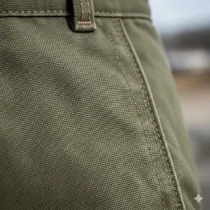 Detailed texture shot of heavy-duty duck canvas material used in premium cold weather work pants.