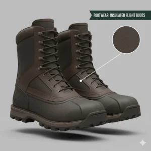 Waterproof and insulated military flight boots designed for traction and warmth in arctic conditions.