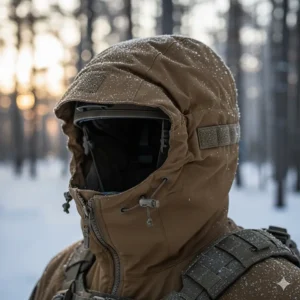 A detailed view of a stowable, helmet-compatible hood on an army cold weather parka.